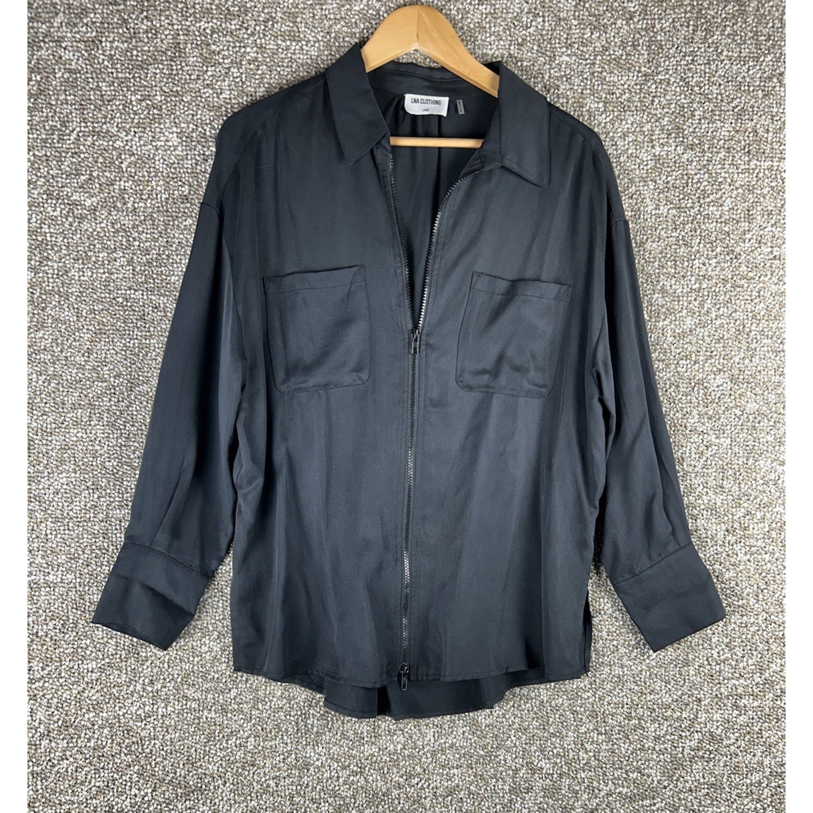 Lna Clothing Washed Black Zip Front Drawstring Waist Jacket Sz L Neutral Minimal